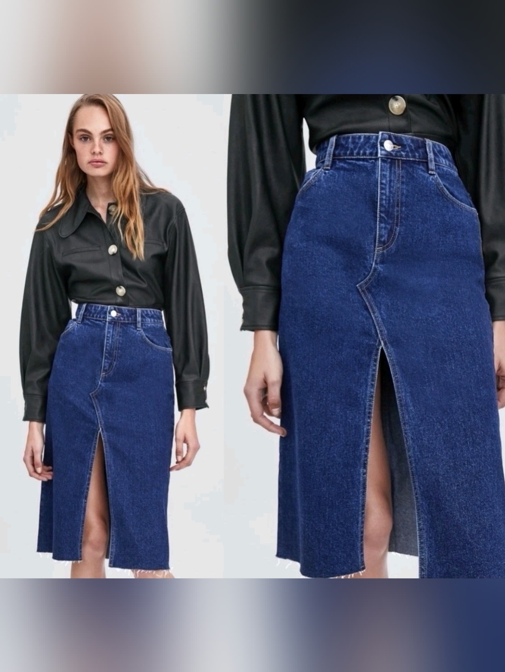EUC Zara Blue Denim Midi Skirt with Front Slit Medium